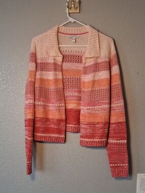 Isaac Mizrahi Pink and Coral Striped Open-Front Knit Cardigan